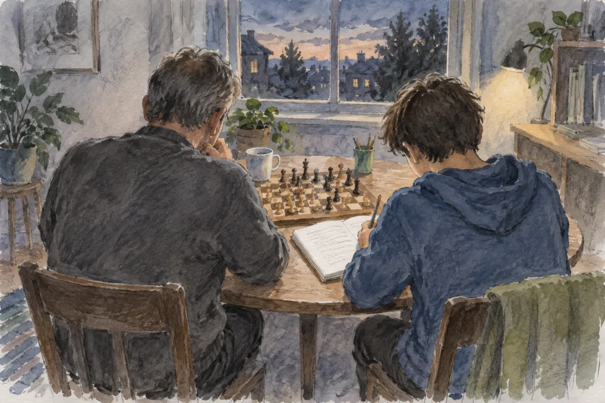 Watercolour illustration of an adult mentor and a young person seen from behind at a round table with a chess board and an open notebook