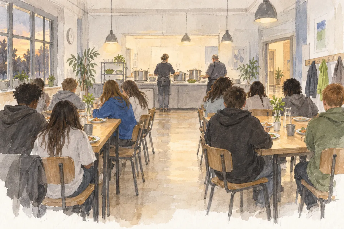 Watercolour illustration of the far end of the dining room at dinner, two long tables of young people and two staff seen from behind