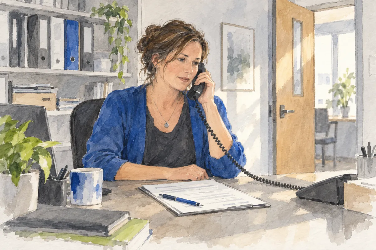 Watercolour illustration of a school counsellor at her desk on the phone, a referral form in front of her and the office door half open
