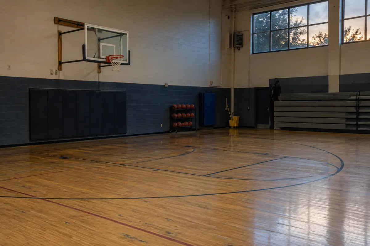 The small gym: one hoop, faded court lines on a wooden floor, folded bleachers and a rack of basketballs