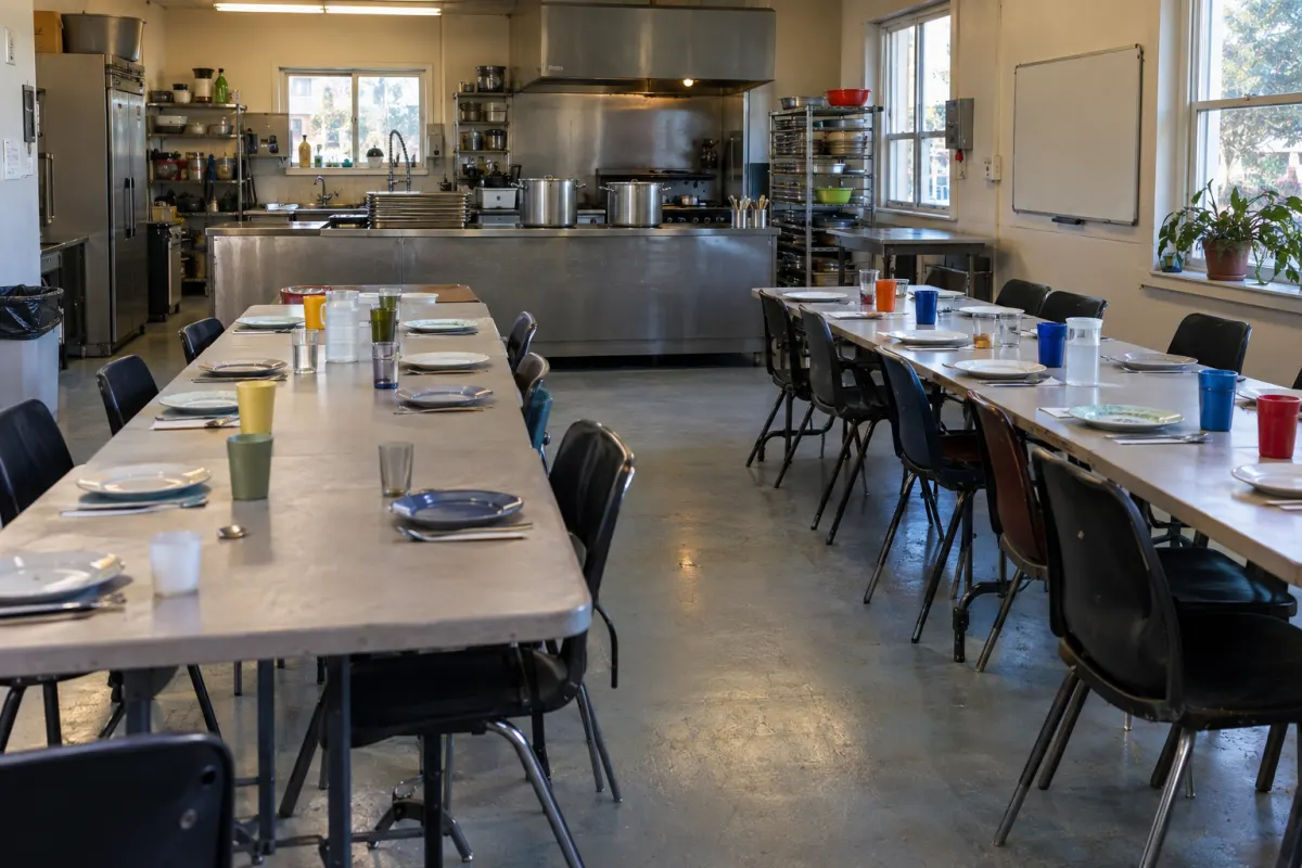 The dining room before dinner: two long tables set with mismatched plates, a steel counter with two large pots and a stack of trays