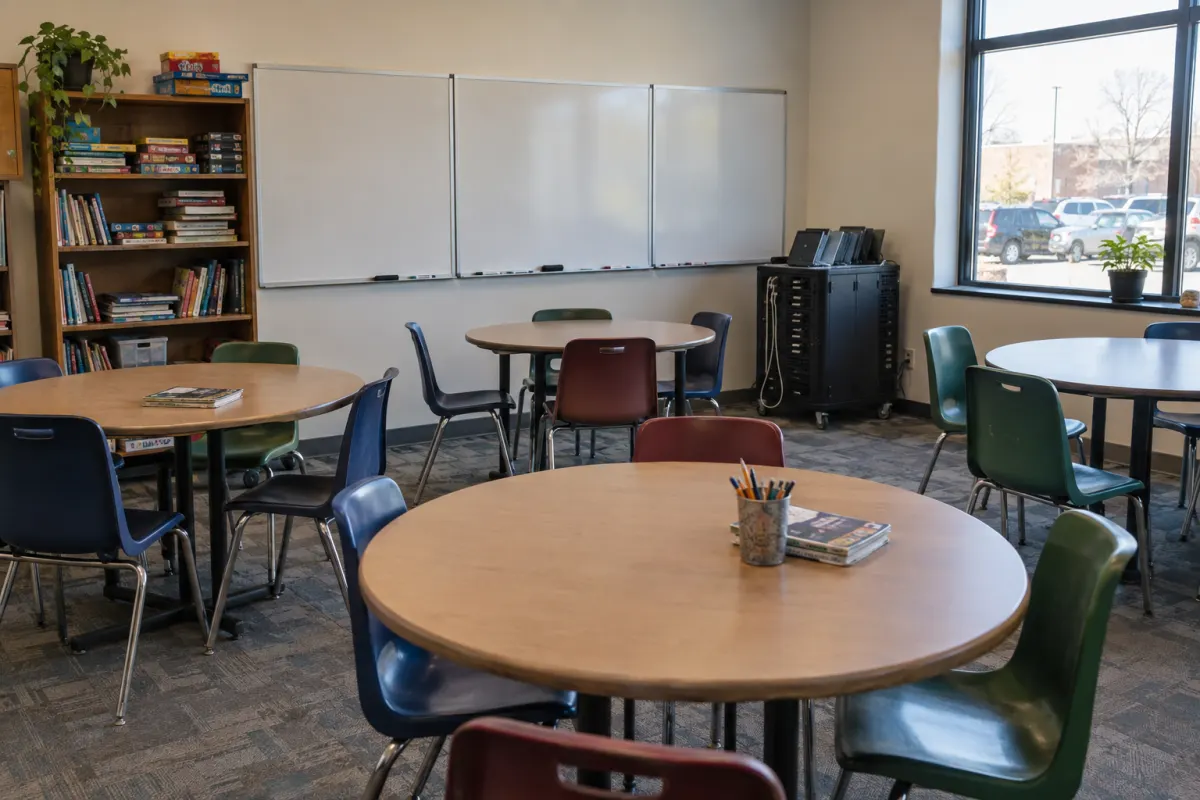 The homework room: round tables, a shelf of textbooks and board games, blank whiteboards and a cart of laptops