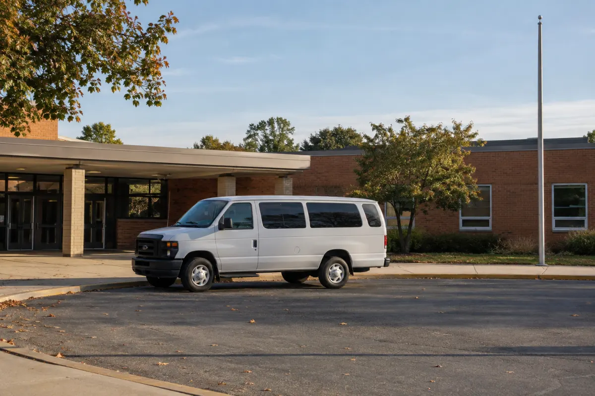 The white twelve-seat van parked at an empty school bus loop in the afternoon