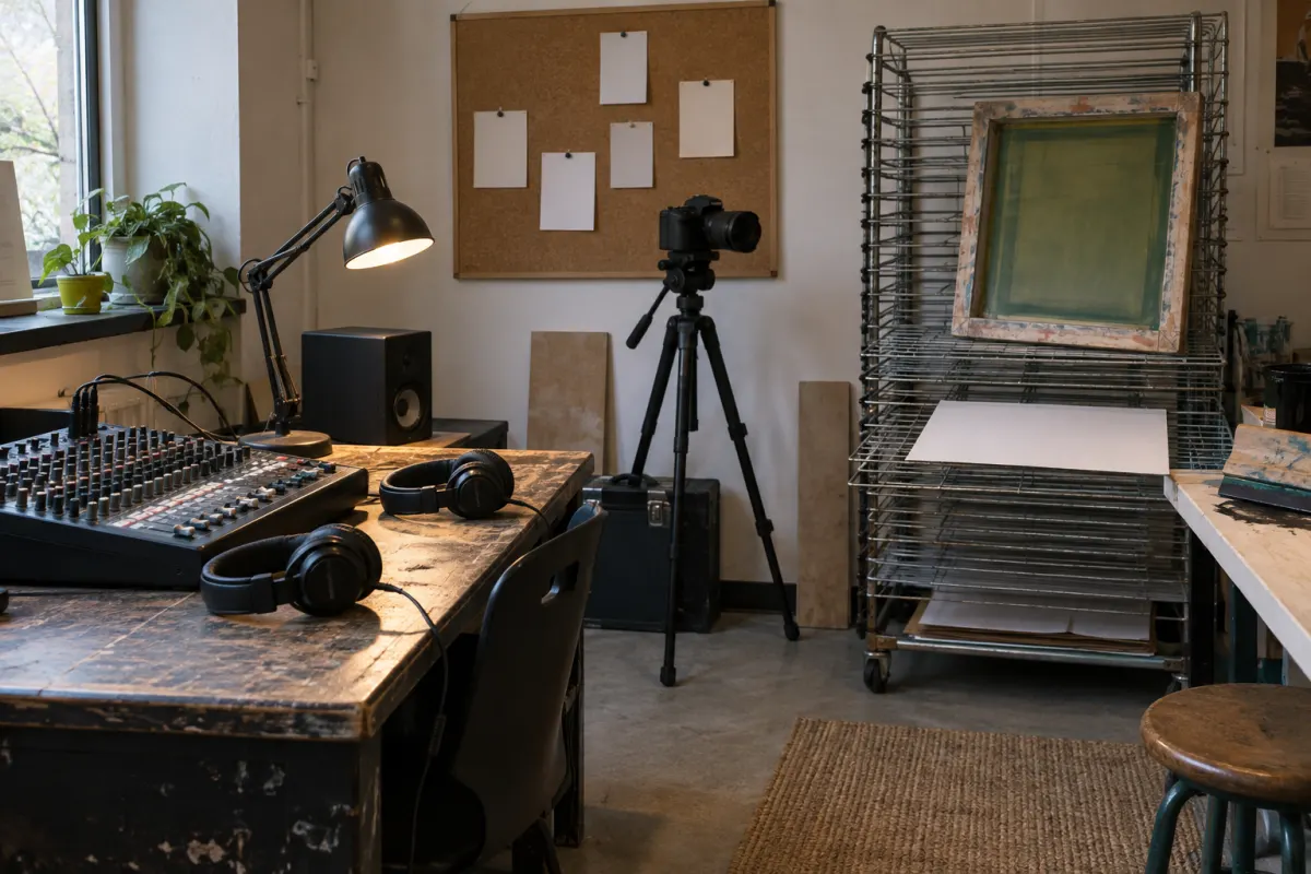 The studio corner: a secondhand mixing desk with headphones, a screen-printing frame on a drying rack and a camera on a tripod